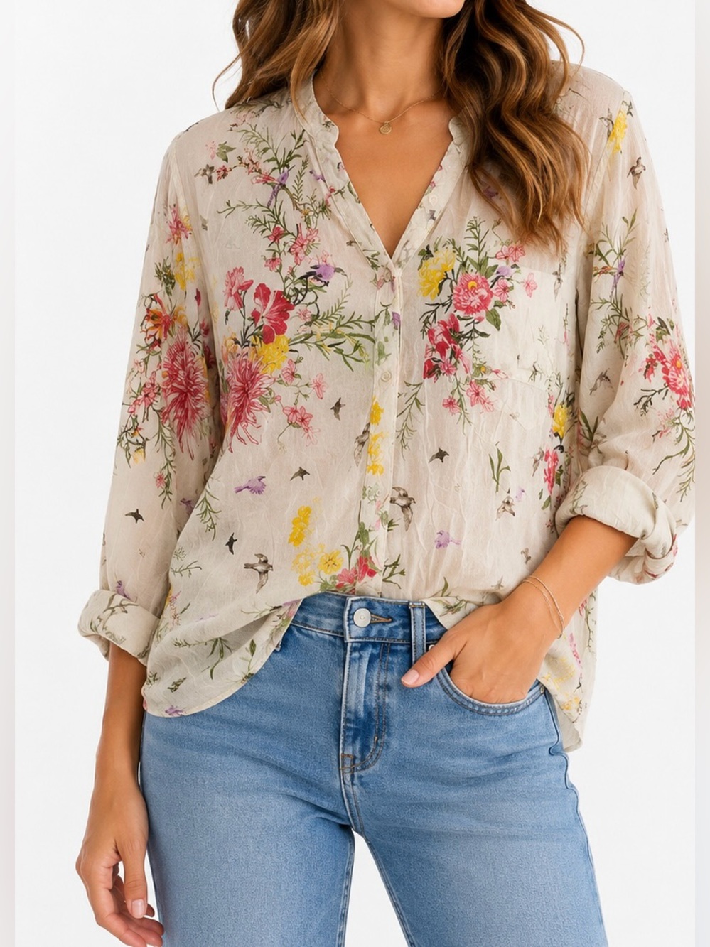 Zara Cream Multicolor Floral Quarter Button-Down Blouse - Size S
